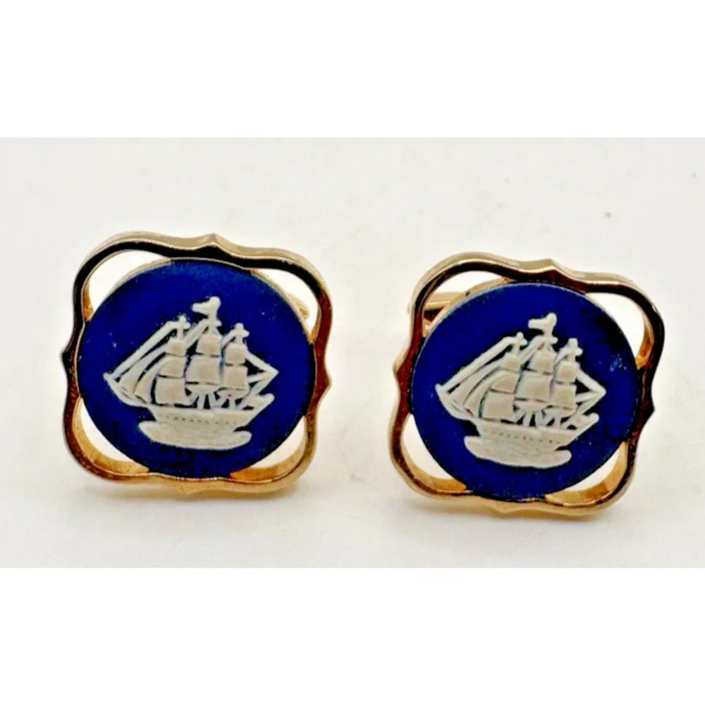 Wedgwood Cuff links Viking Ship Blue Jasperware Stratton England Vintage Signed